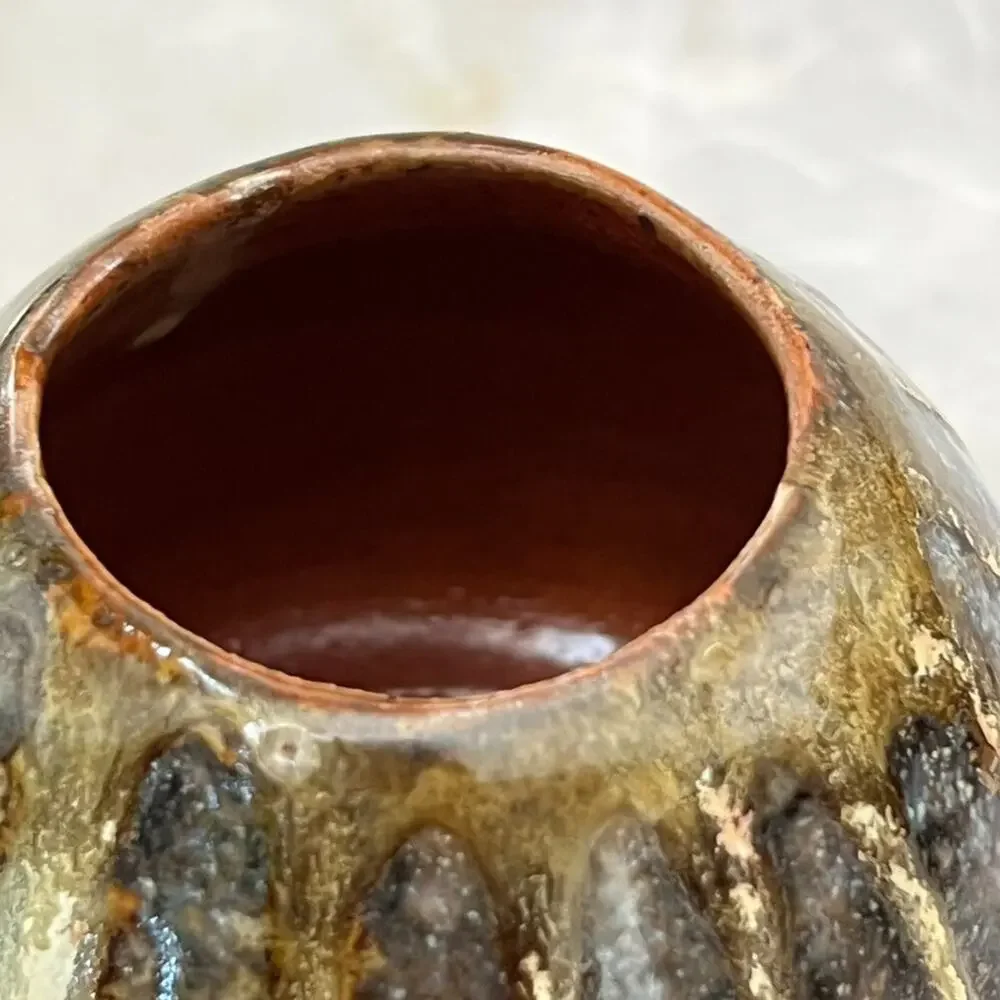 Studio Art Pottery Vase Brown Multicolor Drip Glaze Sculptural Form 5” Signed